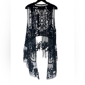 Black Crochet Lace Open-Front Women's Vest bohemian Vibe embroidered M/L